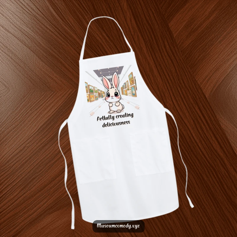 Funny Art Rabbit Apron: A curious rabbit inspects artwork in a gallery, making this apron a humorous and practical kitchen accessory.