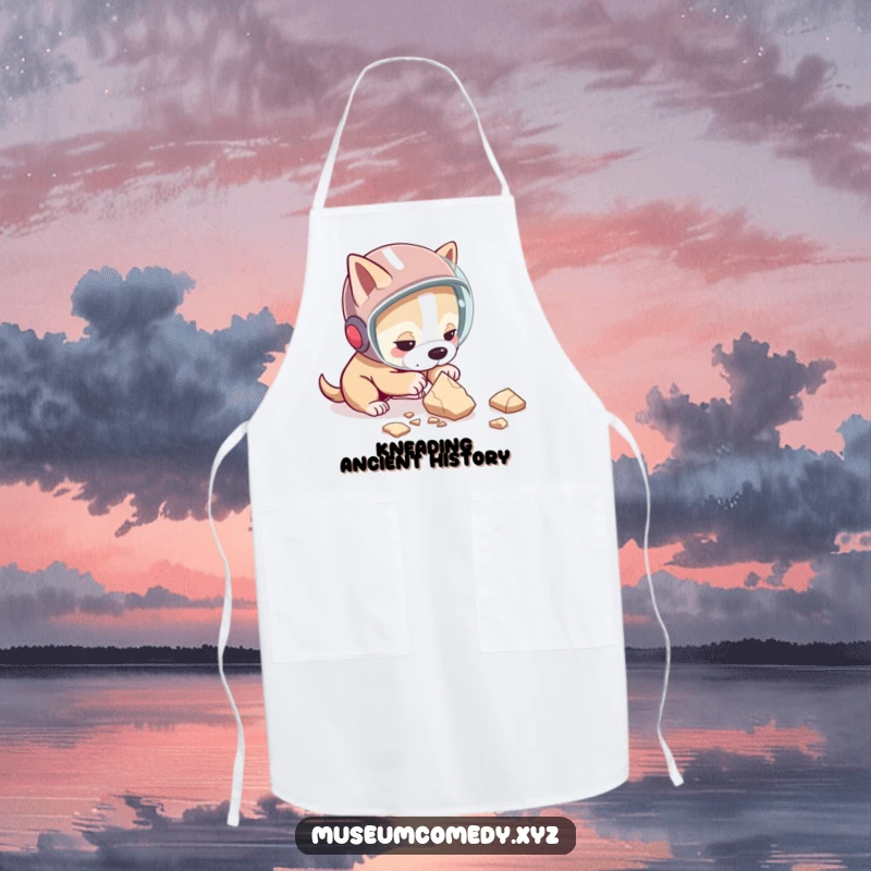 Funny dog apron with a determined dog wearing a helmet, examining a pottery shard, functional and humorous kitchen wear.