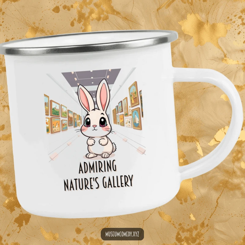 Funny Art Rabbit Camping Mug: A curious rabbit explores a gallery, blending outdoor readiness with artistic amusement for your travels.