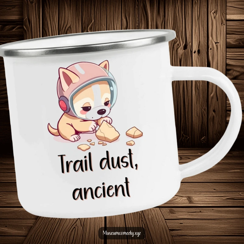 Funny dog camping mug with a determined dog wearing a helmet, examining a pottery shard, perfect for outdoor adventures.