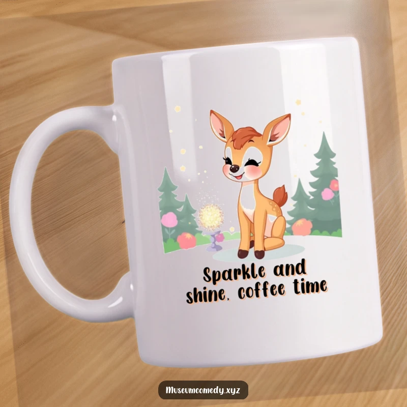 Funny Deer Fawn Mug: A wide-eyed, joyful fawn gazes in wonder at a dazzling, glittering display, radiating innocence and delight.