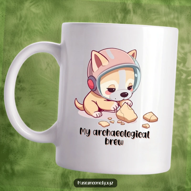 Funny dog mug with a determined dog wearing a protective helmet, carefully examining a pottery shard with intense focus.