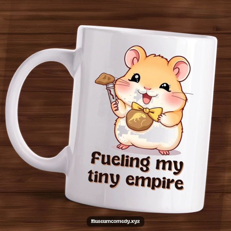 Funny hamster in a bowtie triumphantly holding a miniature dinosaur fossil, cute and humorous mug.