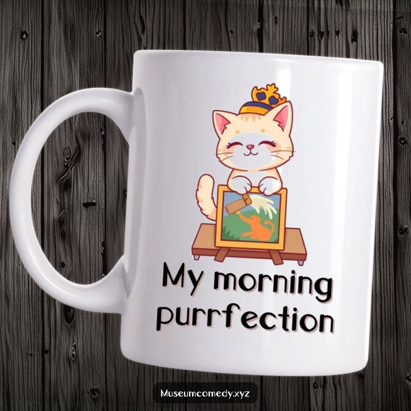 Funny playful cat in a regal hat delicately dusting a painted artifact, humorous art lover mug.