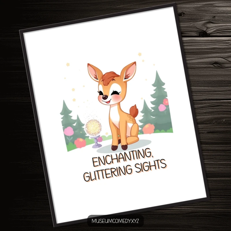 Funny Deer Fawn Digital Art Print: A joyful fawn admires a glittering display, offering instant enchantment and happy vibes for wall decor.