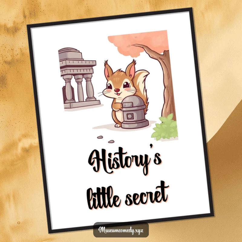 Funny Squirrel Artifact Digital Art Print: A cheeky squirrel peeks from behind historical art, offering instant humor and charm for wall decor.
