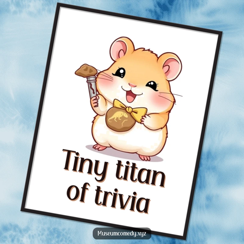 Funny hamster wearing a bowtie, triumphantly holding a miniature dinosaur fossil, digital art.