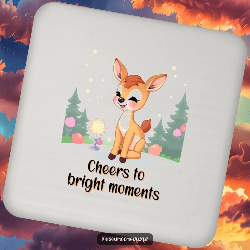 Funny Deer Fawn Coasters: A joyful fawn admires glitter, providing charming and funny protection for your tables.