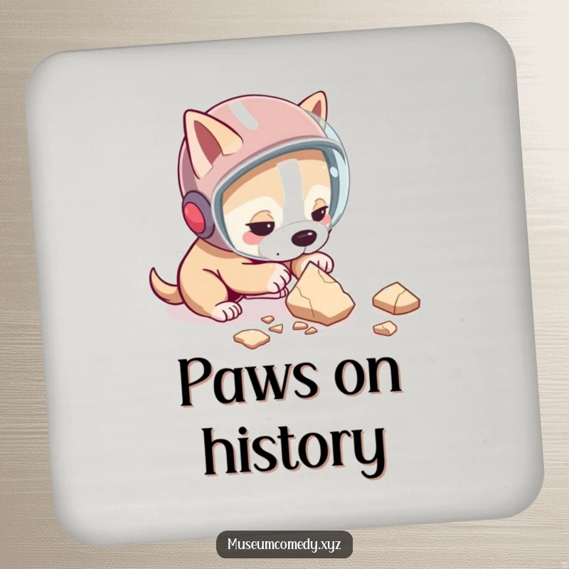 Funny dog coaster with a determined dog in a helmet, examining a pottery shard, protecting surfaces with humor.