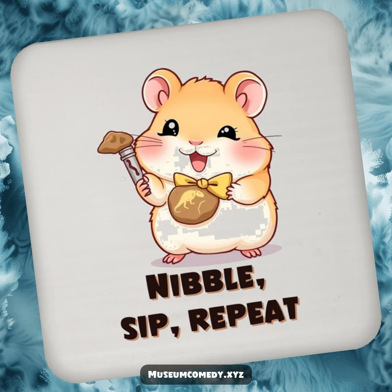 Funny hamster holding a tiny dinosaur fossil on a protective drink coaster.