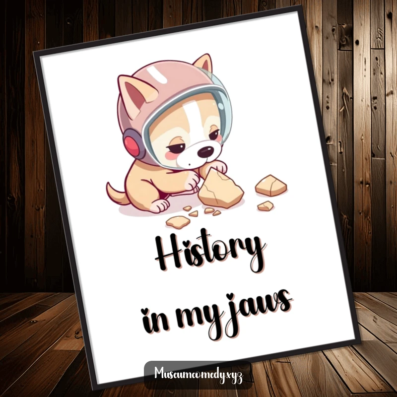 Funny dog poster print of a determined dog wearing a protective helmet, carefully examining a pottery shard, adding humor to decor.