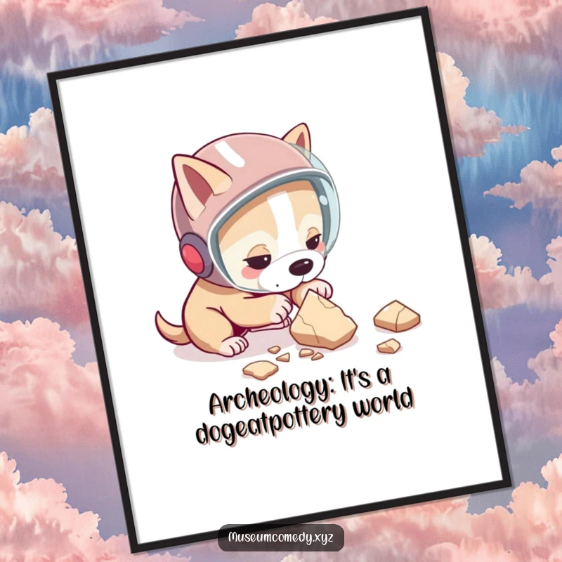 Funny Free Printable Wall Art: Determined dog in protective helmet, examining pottery shard with focus