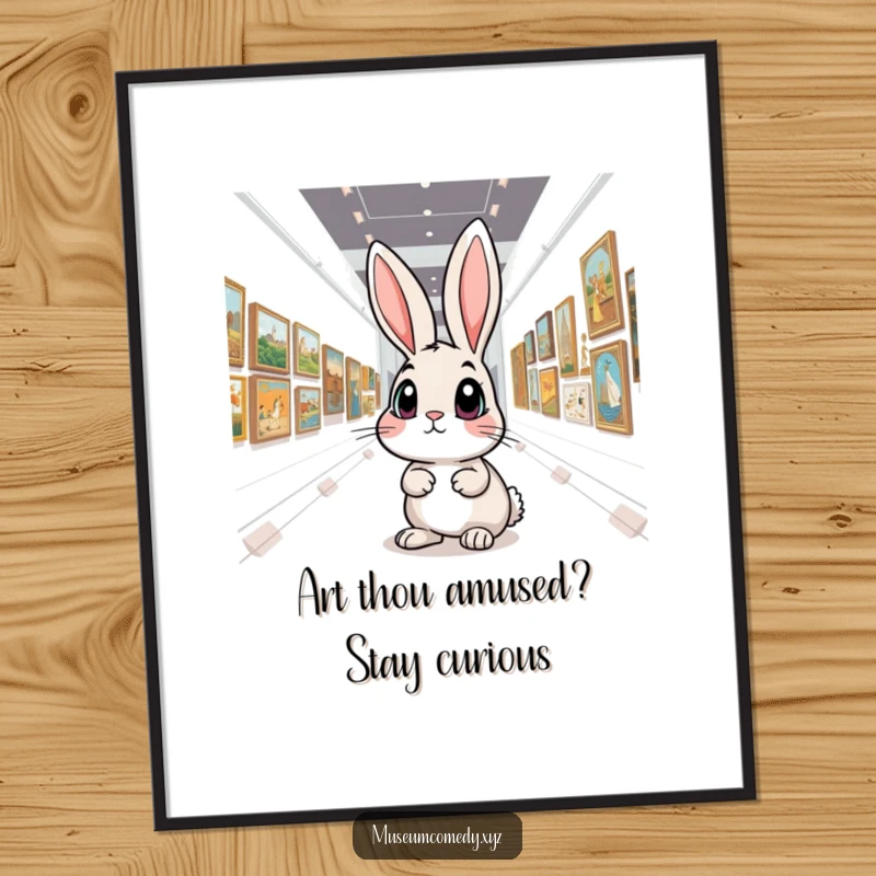 Funny Free Printable Wall Art: Curious rabbit with wide eyes exploring a grand art gallery.