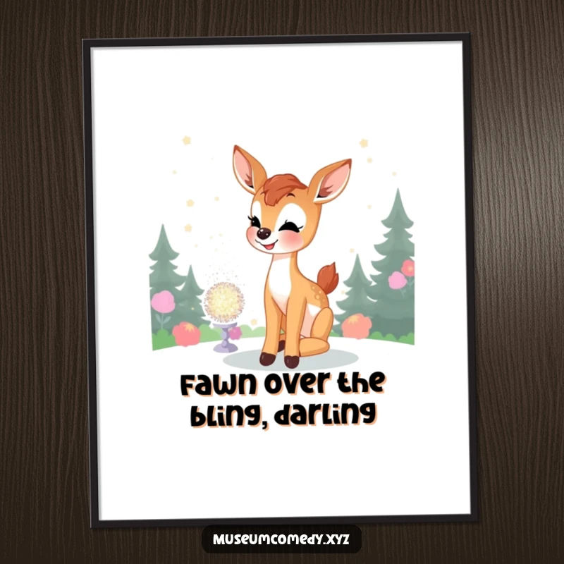 Funny Free Printable Wall Art: Joyful deer fawn gazing at a glittering display, downloadable art.