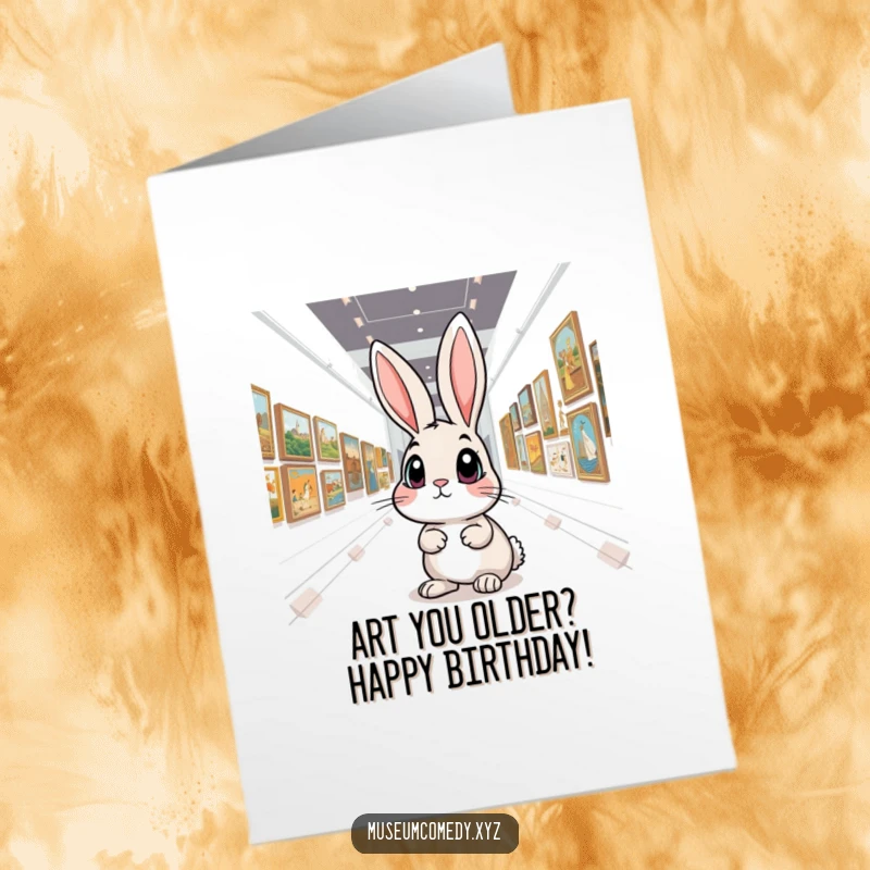 Funny Free Printable Birthday Card: Wide-eyed rabbit marvels at art gallery, bringing printable joy and laughter.