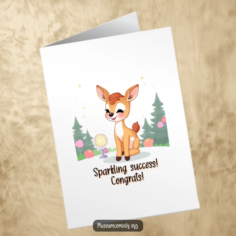 Funny Free Printable Congratulations Card: Joyful fawn admires glitter, a downloadable celebration of success.