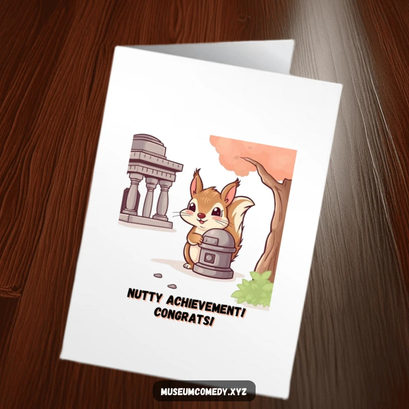 Funny Free Printable Congratulations Card: Cheeky squirrel peeks from behind artifact, a downloadable celebration.