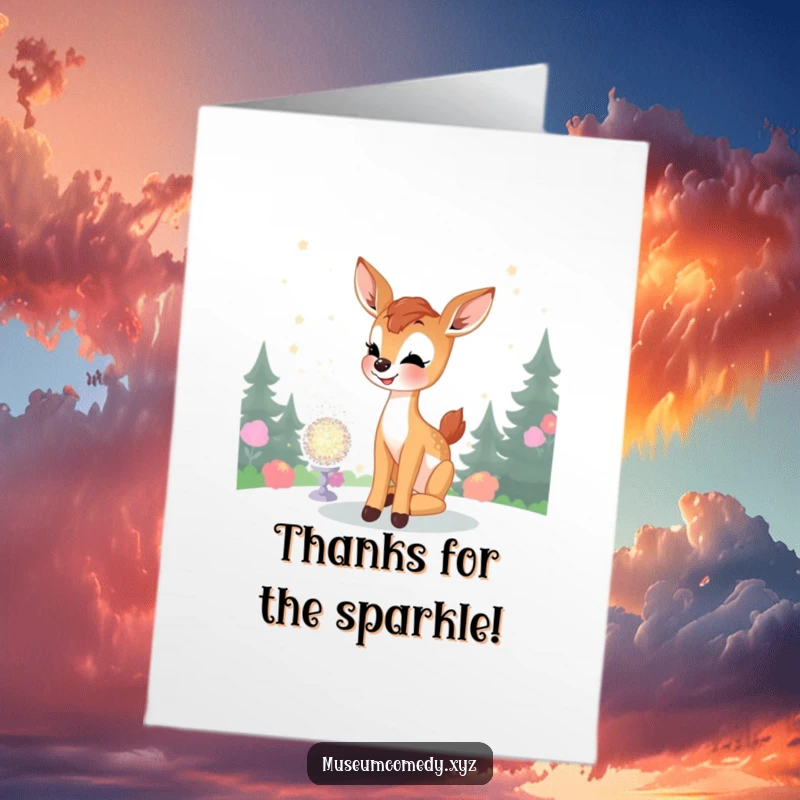 Funny Free Printable Thank You Card: Joyful fawn admires glittering display, a downloadable thank you.