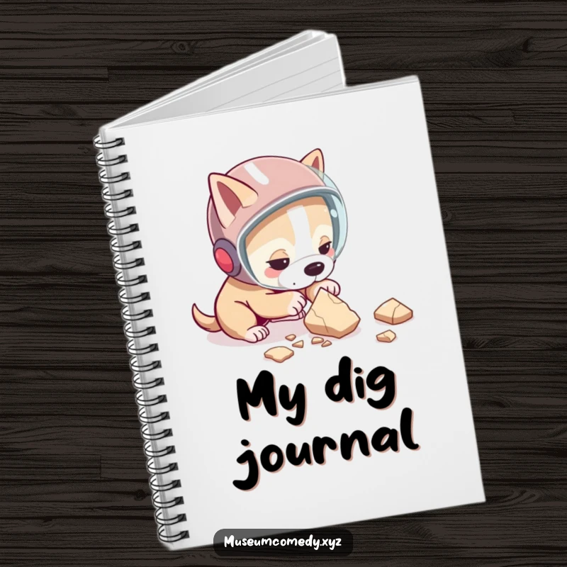 Funny dog notebook with a determined dog in a helmet, carefully examining a pottery shard, ideal for note-taking and journaling.