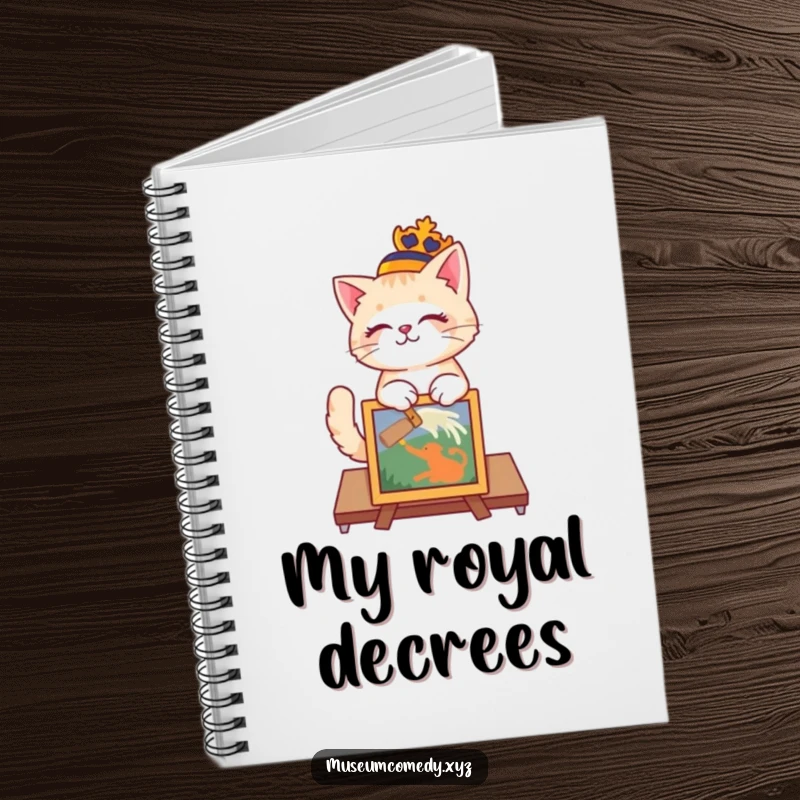 Funny cat in a regal hat dusting a painted artifact on a notebook cover.