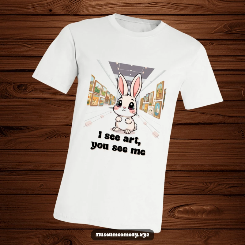 Funny Art Rabbit T-Shirt: A wide-eyed curious rabbit explores an expansive art gallery, showcasing a love for art and a funny, whimsical personality.