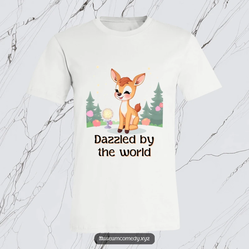 Funny Deer Fawn T-Shirt: A happy fawn is captivated by a shimmering, glittering display, showcasing pure joy and fascination.