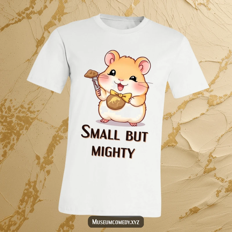 Funny cute hamster wearing a bowtie, holding a tiny dinosaur fossil triumphantly, humorous t-shirt.