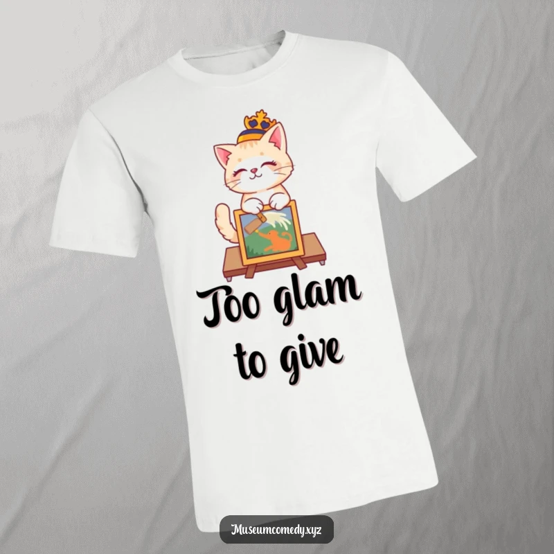 Funny cat wearing a regal hat dusting a painted artifact, playful and artistic t-shirt.