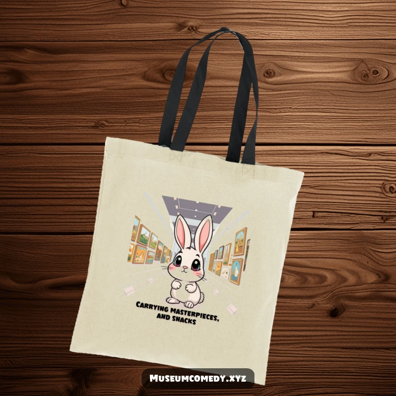 Funny Art Rabbit Tote Bag: A curious rabbit with wide eyes explores a sophisticated art gallery, perfect for carrying art supplies and smiles.